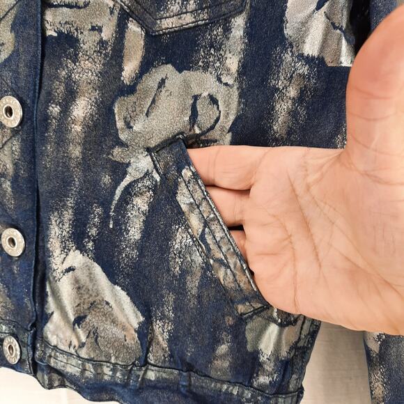 Vintage Parasuco Jeans Y2K Denim‎ Jean Jacket Metallic Silver Roses Size Small - Picture 12 of 12